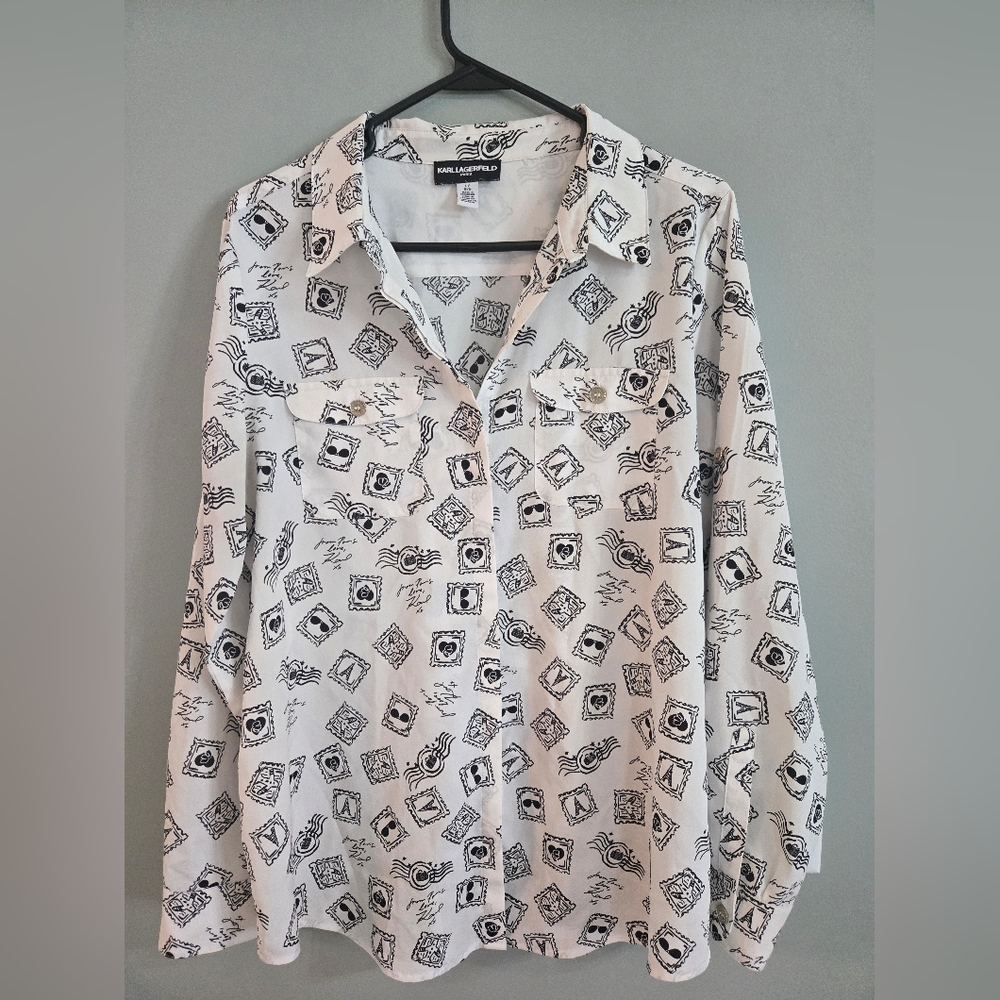 Karl Lagerfeld “Paris Graffiti” Button Front Shirt Chest Pockets Logo Large